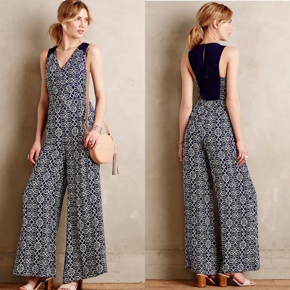 Anthropologie Pants - Anthropologie Elevenses arabesque Audra blue wide‎ leg jumpsuit size 6